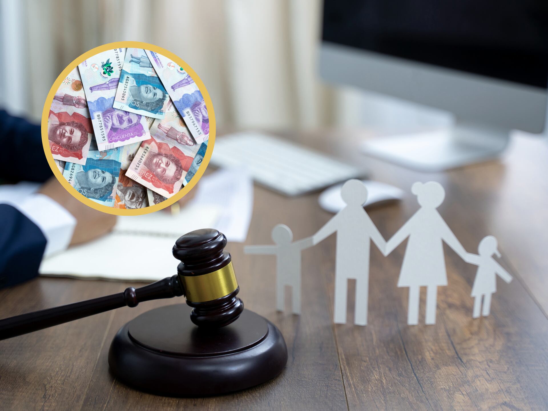 Imagen de referencia representando un divorcio familiar ante un juez. En el círculo, dinero colombiano (GettyImages)