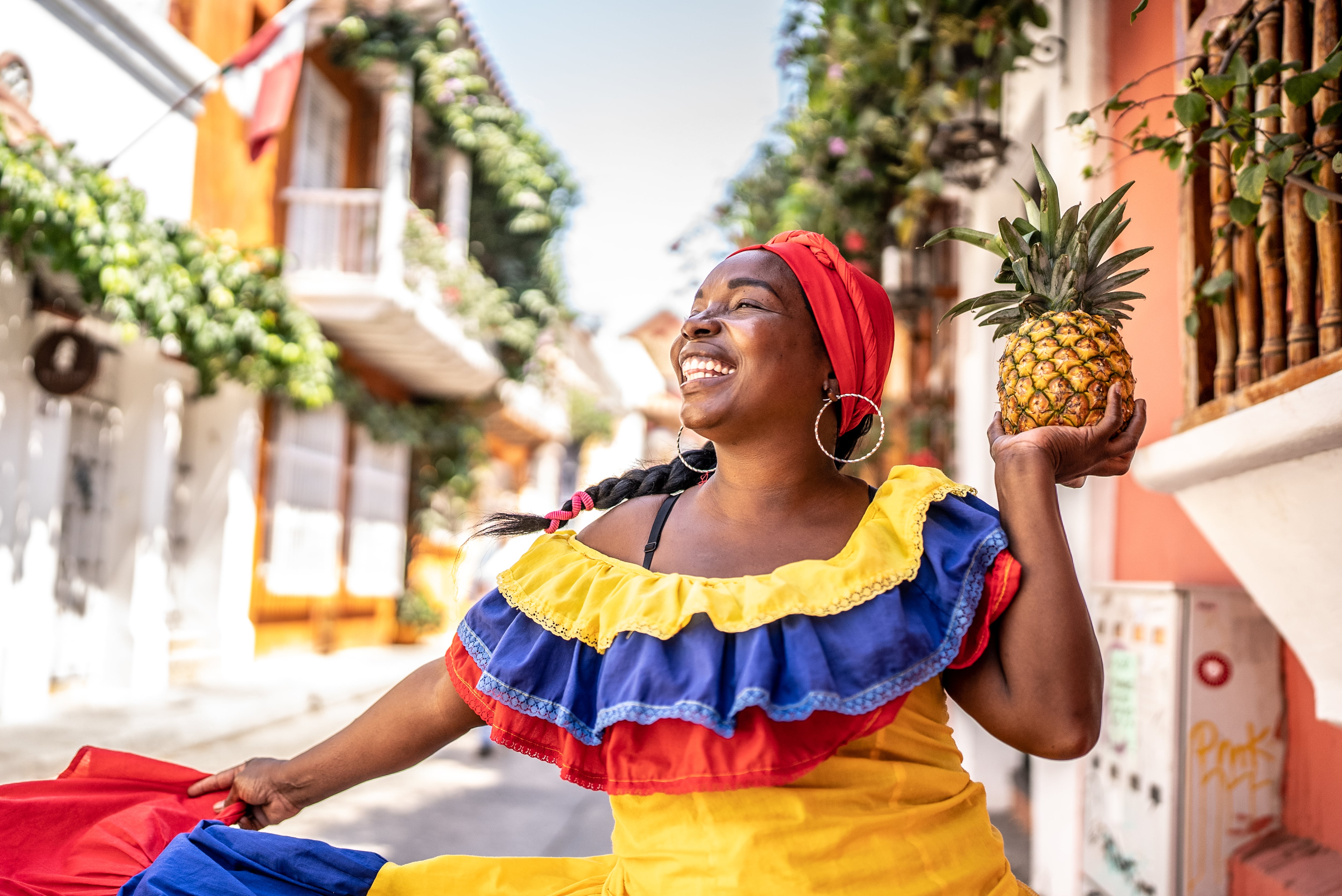 Colombian palenquera looking away contemplating in Cartagena, Colombia