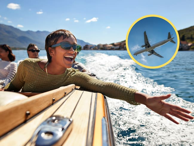 Mujer disfrutando de sus vacaciones. En el círculo, la imagen de un avión (Fotos vía GettyImages)