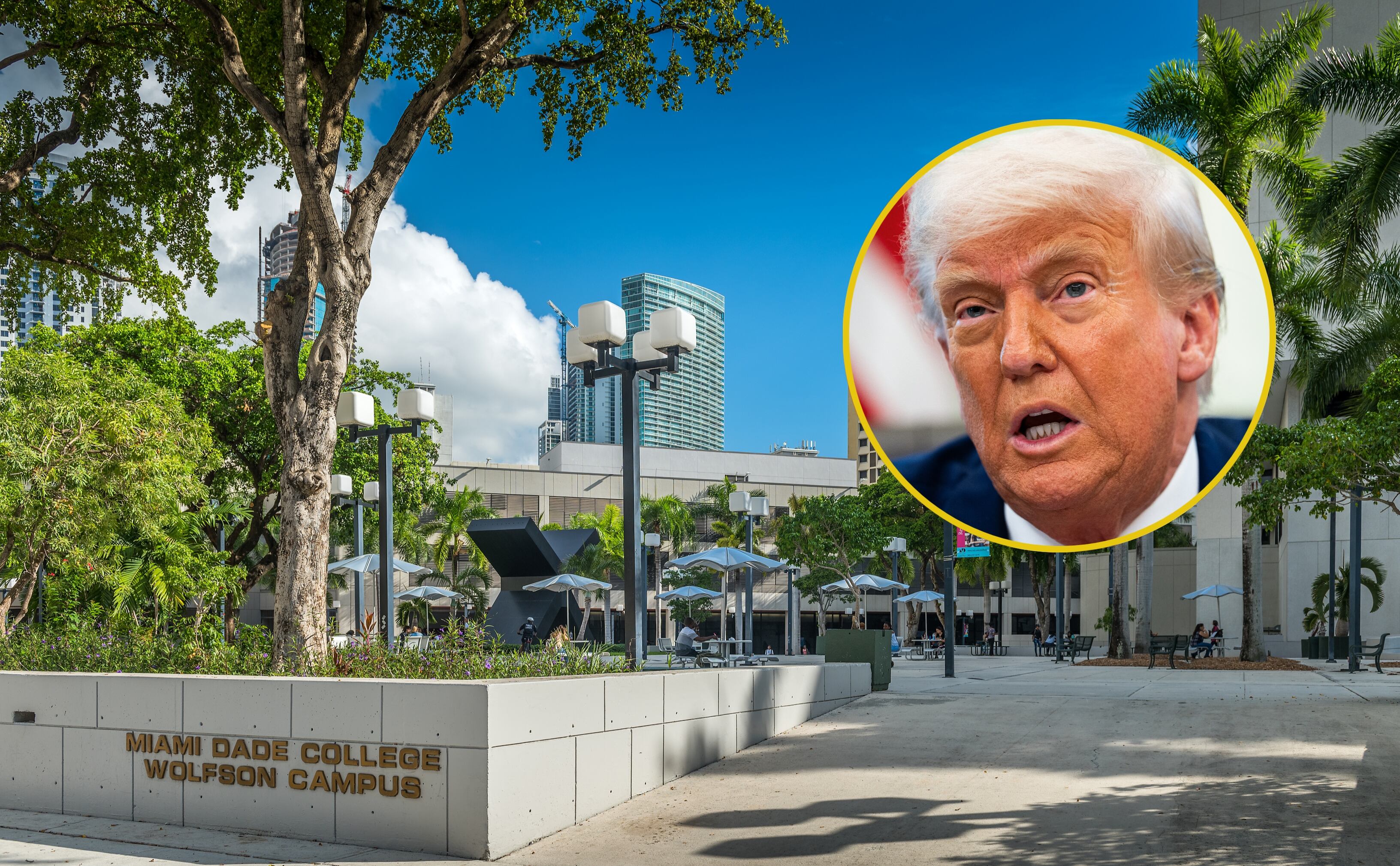 Miami Dade College. FOTO: Getty Images. // Presidente Donald Trump. FOTO: ALLISON ROBBERT/AFP via Getty Images