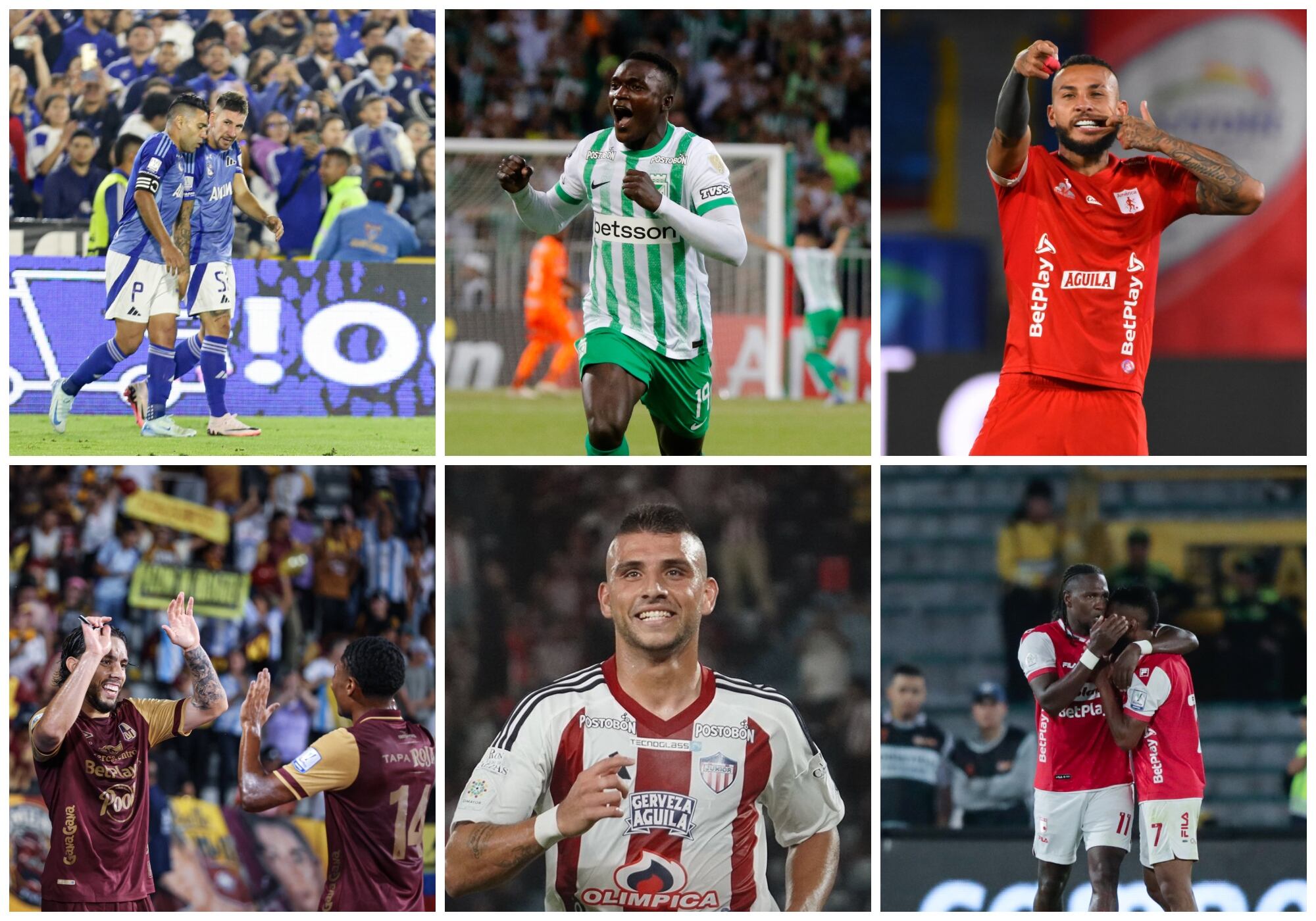 América de Cali, Deportes Tolima, Atlético Nacional, Millonarios, Junior e Independiente Santa Fe lucharán por alcanzar el ‘punto invisible’ para cuadrangulares. Foto: Colprensa/EFE/Getty Images.