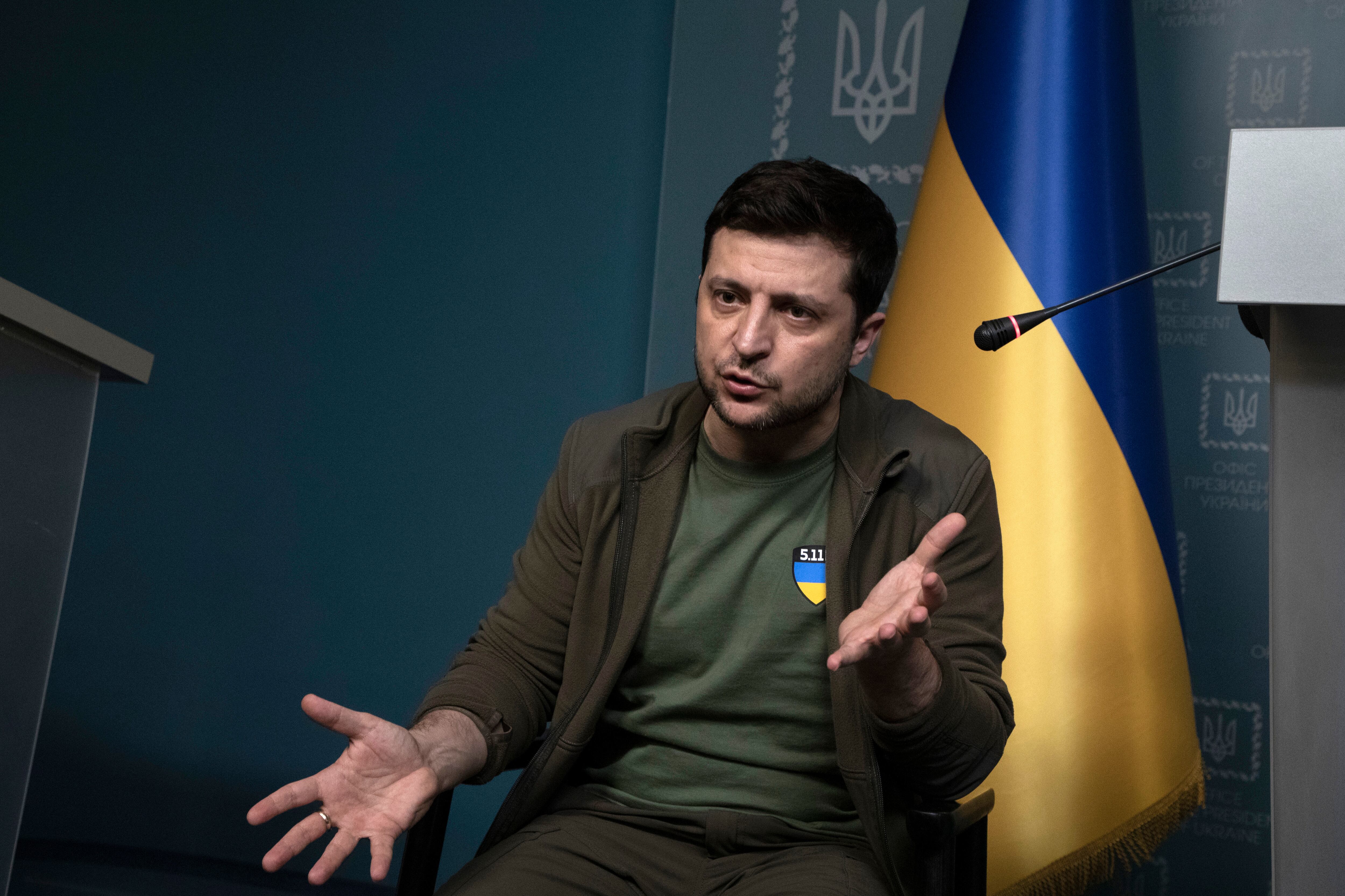 KYIV,UKRAINE - MARCH 3:  [FRANCE OUT] IMAGES EMBARGOED FROM USAGE IN FRANCE FOR 30 DAYS FROM CAPTURE DATE) Ukrainian President Volodymyr Zelensky  speaks at a press conference for selected media at his official residence the Maryinsky Palace on March 3,2022 in Kyiv, Ukraine. (Photo by Laurent Van der Stockt for Le Monde/Getty Images)