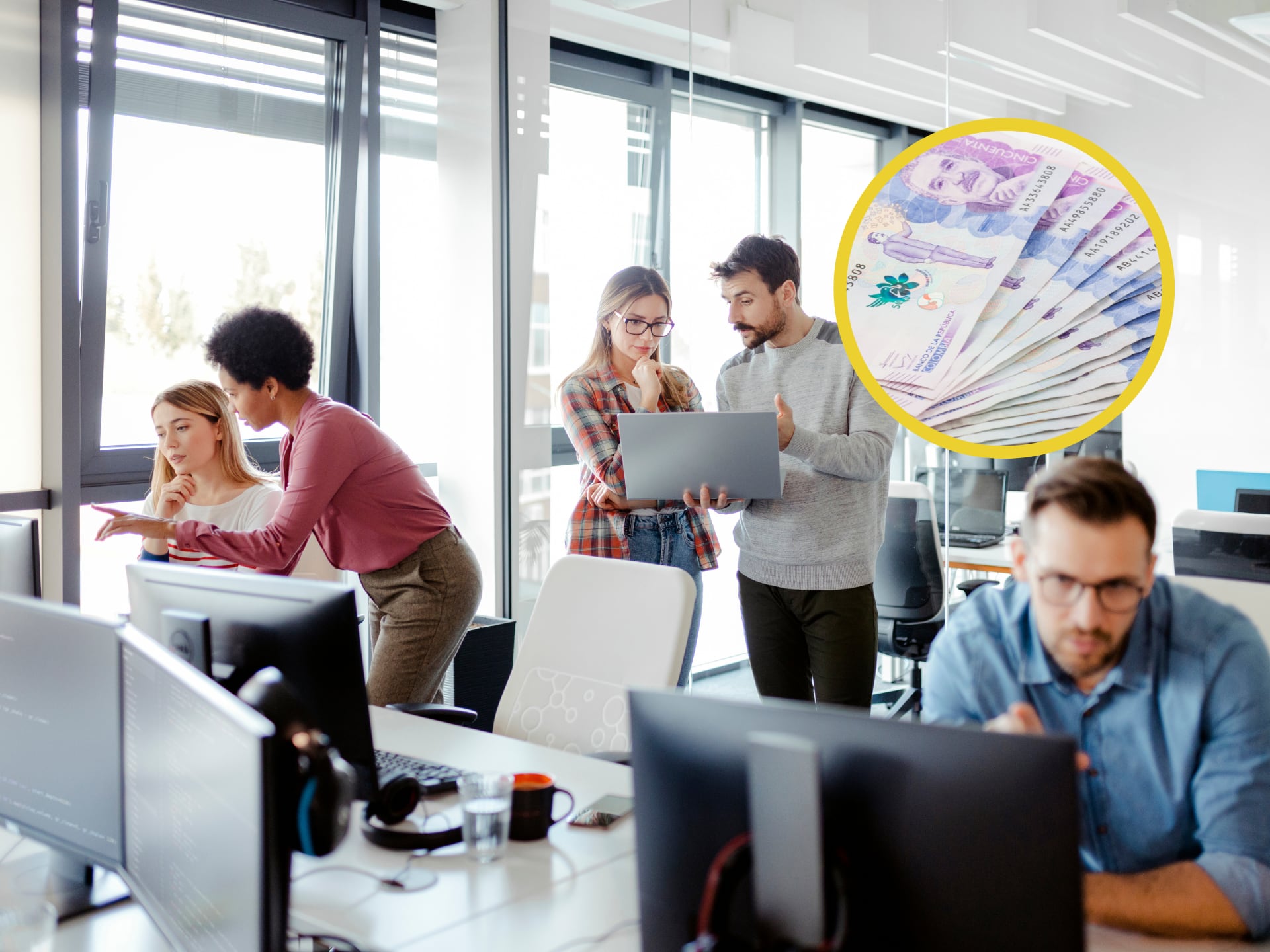 Personas trabajando en una empresa. En el círculo, billetes de 50 mil pesos colombianos (Fotos vía GettyImages)