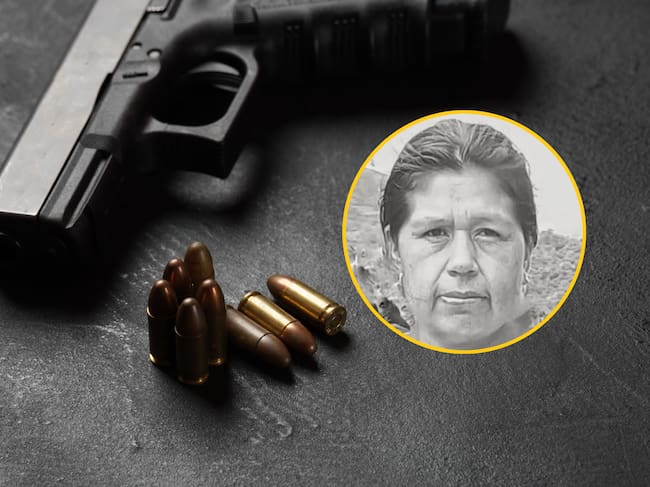 Lideresa Aída Damaris Flor Camayo e imagen de referencia de pistola. Fotos: Consejo Regional Indígena del Cauca. / Getty Images