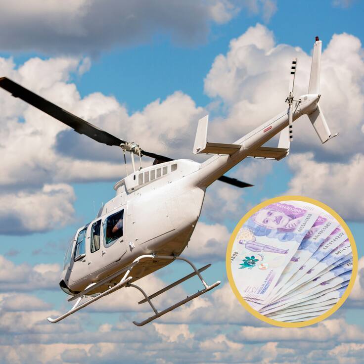 Helicóptero volando en un cielo azul con nubes. En el círculo, billetes de 50 mil pesos colombianos (GettyImages)