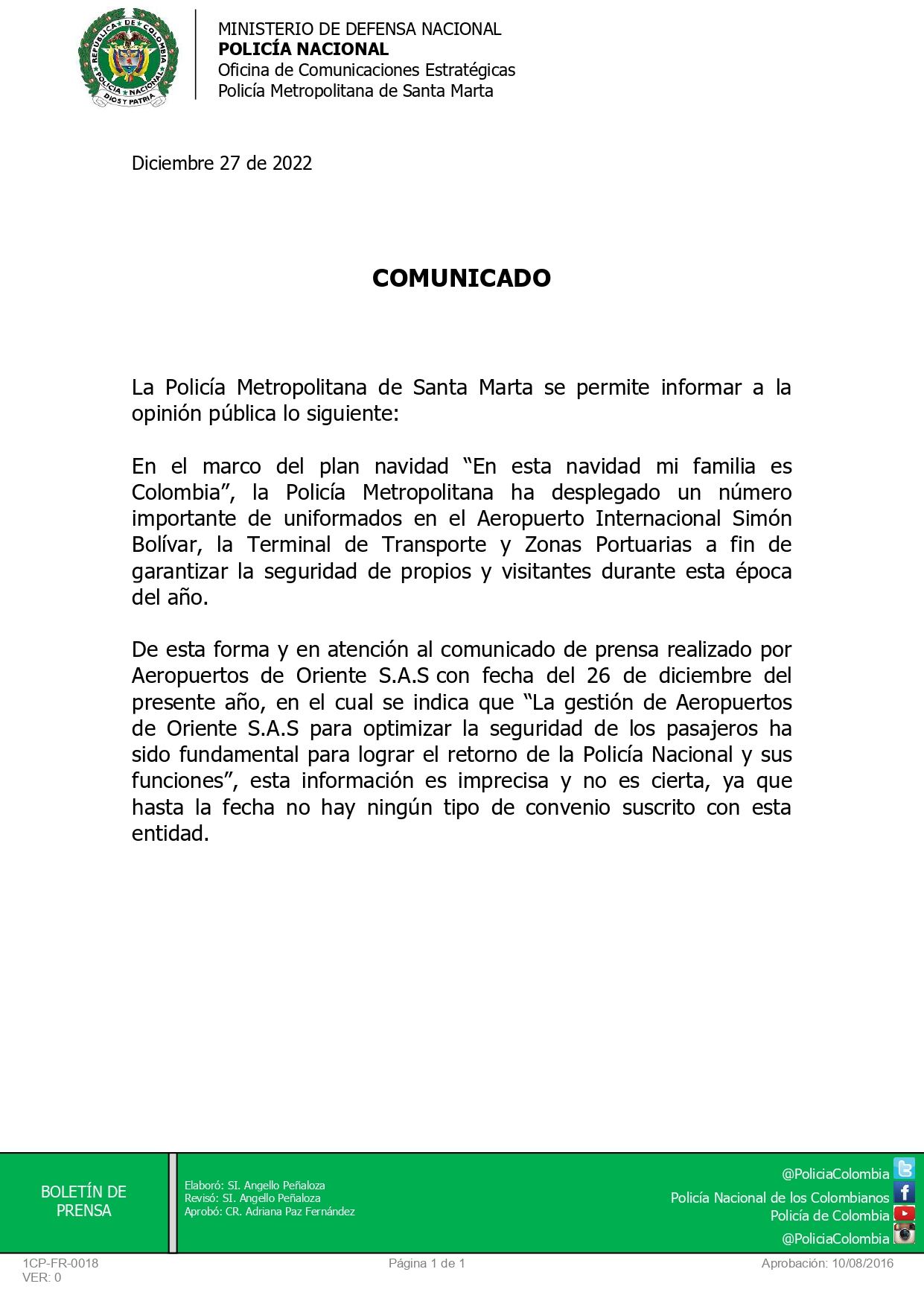 Comunicado de prensa Policía Metropolitana de Santa Marta