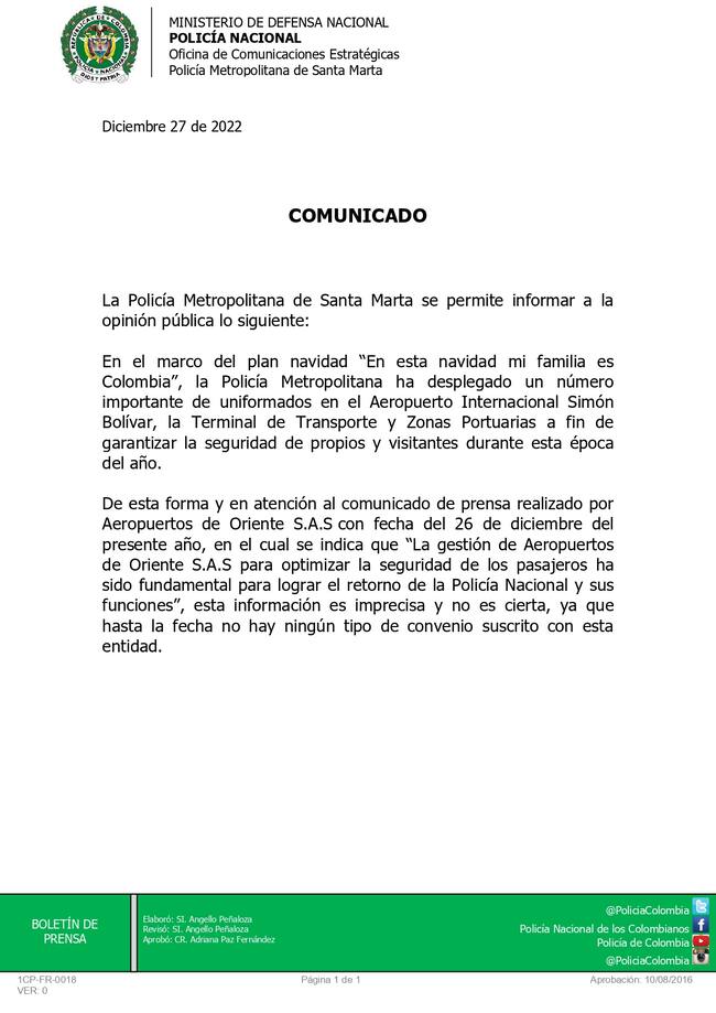 Comunicado de prensa Policía Metropolitana de Santa Marta