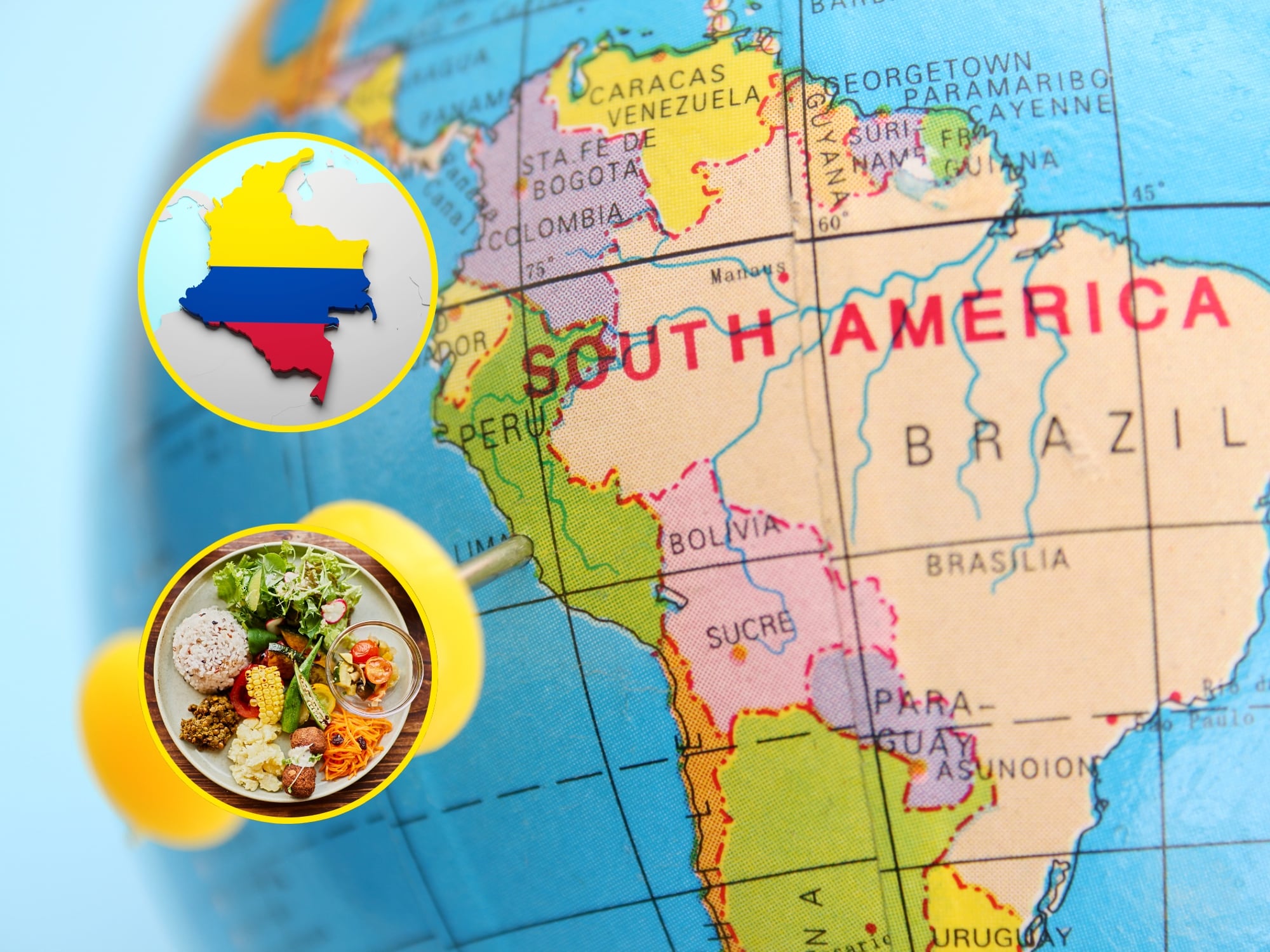 Mapa de Colombia, comida de Sudamérica y mapa de Sudamérica. Fotos: Getty Images.
