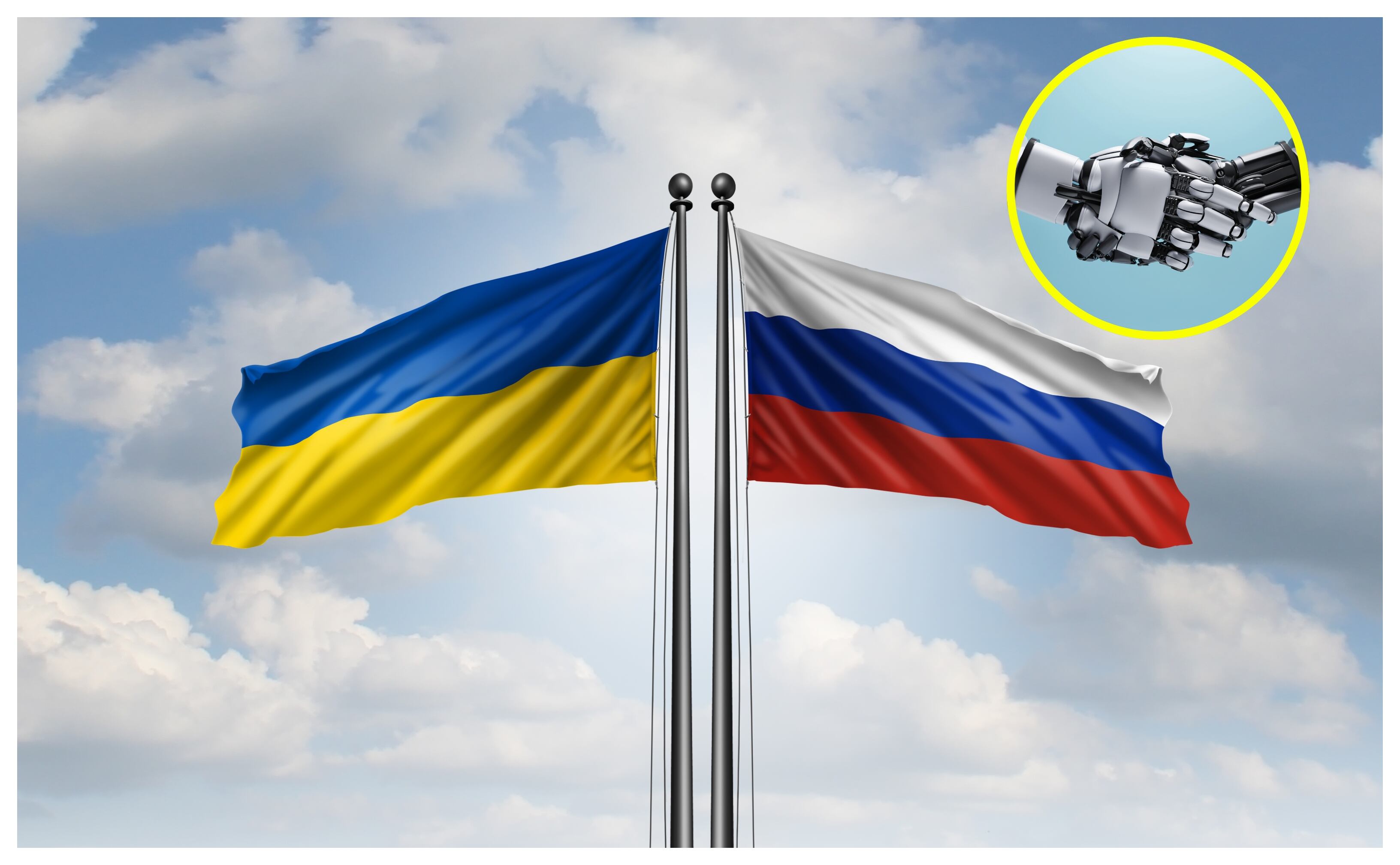 Banderas de Rusia y ucrania, robots. Foto: Getty Images. 