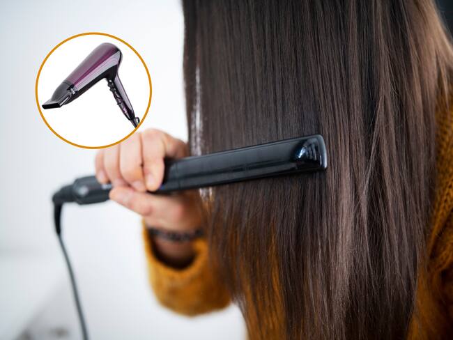 Mujer usando plancha de cabello. En el círculo, la imagen de un secador (Fotos vía GettyImages)