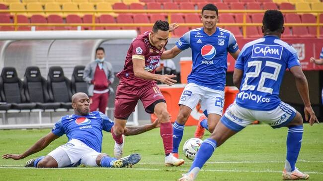 Millonarios y Tolima en la final del fútbol colombiano 2021. Foto: Colprensa - Cortesía Dimayor