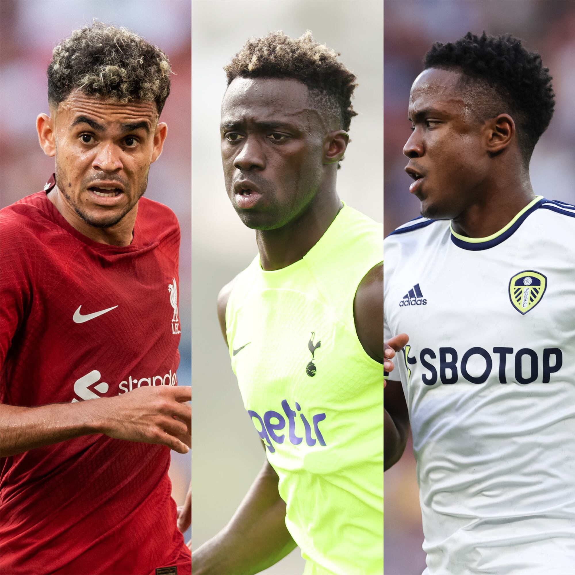 Luis Díaz, Davinson Sánchez y Luis Sinisterra. Foto: Boris Streubel/Getty Images - Tottenham Hotspur FC via Getty Images- Matthew Ashton - AMA/Getty Images