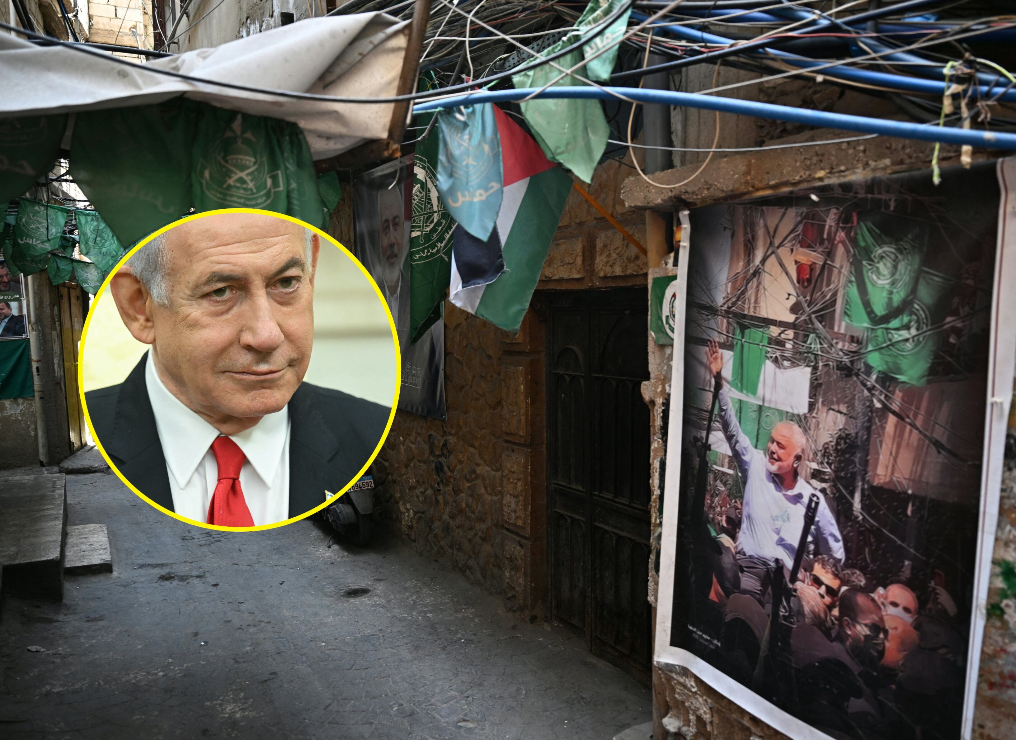 Posters del Movimiento islamista Hamas. FOTO: JOSEPH EID/AFP via Getty Images. // primer ministro israelí, Benjamín Netanyahu. FOTO:  SAUL LOEB/AFP via Getty Images