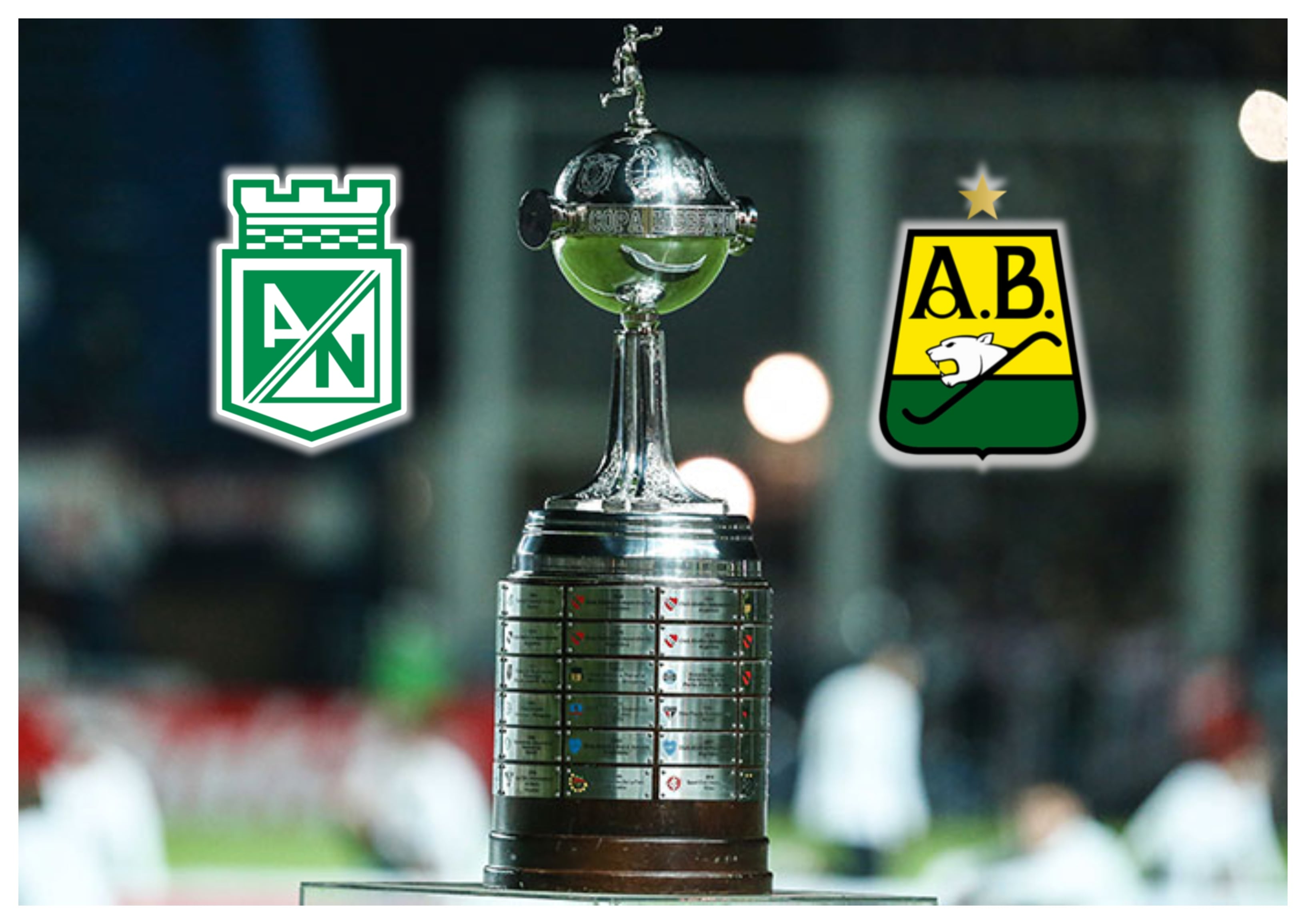 Trofeo Copa Libertadores y escudos de equipos de futbol.  Foto: página oficial de la Conmbeol y Atlético Nacional/ Atlético Bucaramanga.