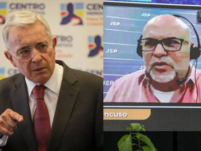 Expresidente Álvaro Uribe y exjefe paramilitar Salvatore Mancuso. Fotos: Colprensa/JEP