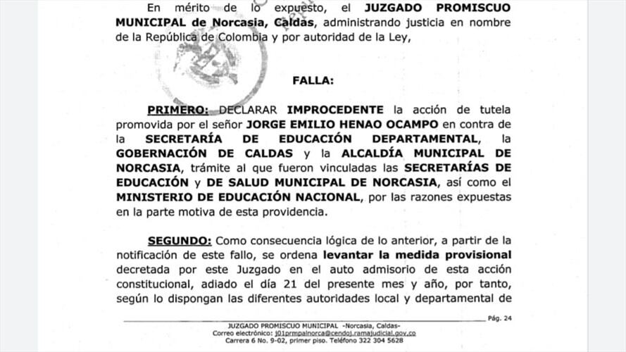 Juzgado en Caldas falló a favor de la presencialidad en un colegio. Foto: Enviada desde la Gobernación de Caldas.