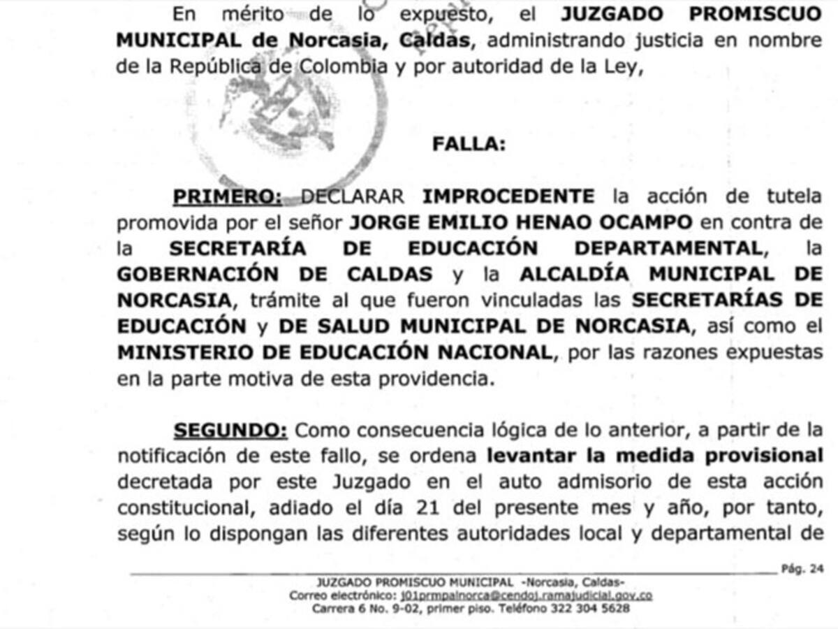 Juzgado de Norcasia, Caldas, falló a favor de que los alumnos regresen a las aulas
