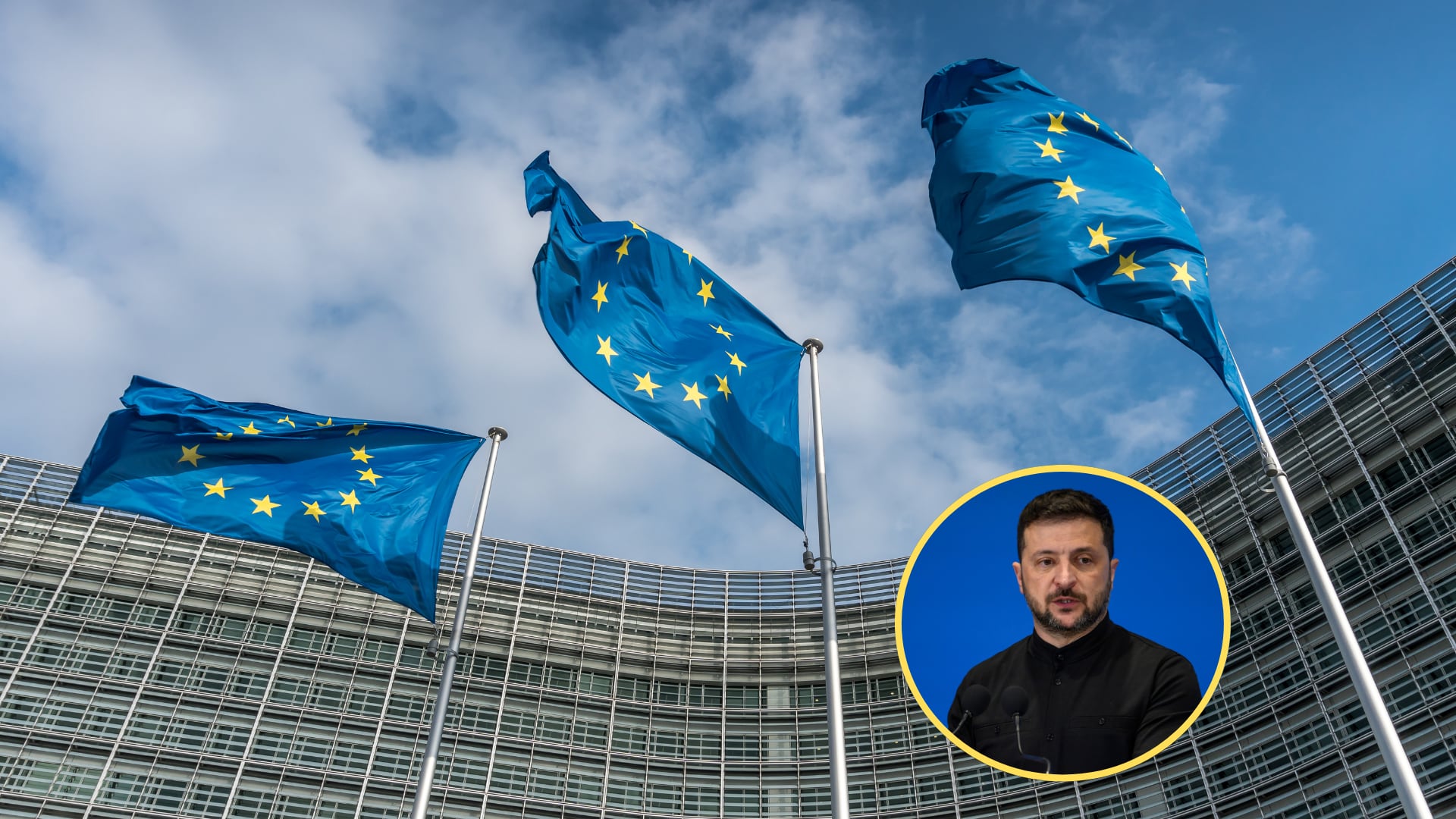 Banderas Unión Europea y Presidente de Ucrania Volodimir Zelenski. Foto: Getty Images/ Antonio Masiello/Getty Images