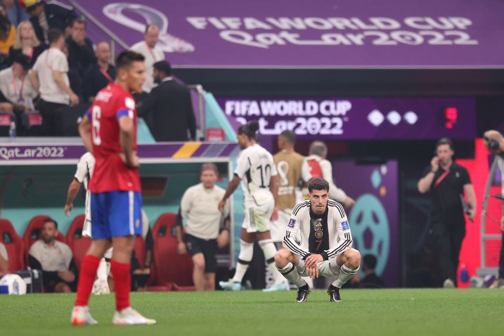 AL KHOR, QATAR - DECEMBER 01: Kai Havertz of Germany looks dejected after their sides' elimination from the tournament during the FIFA World Cup Qatar 2022 Group E match between Costa Rica and Germany at Al Bayt Stadium on December 01, 2022 in Al Khor, Qatar. (Photo by Alex Pantling/Getty Images)