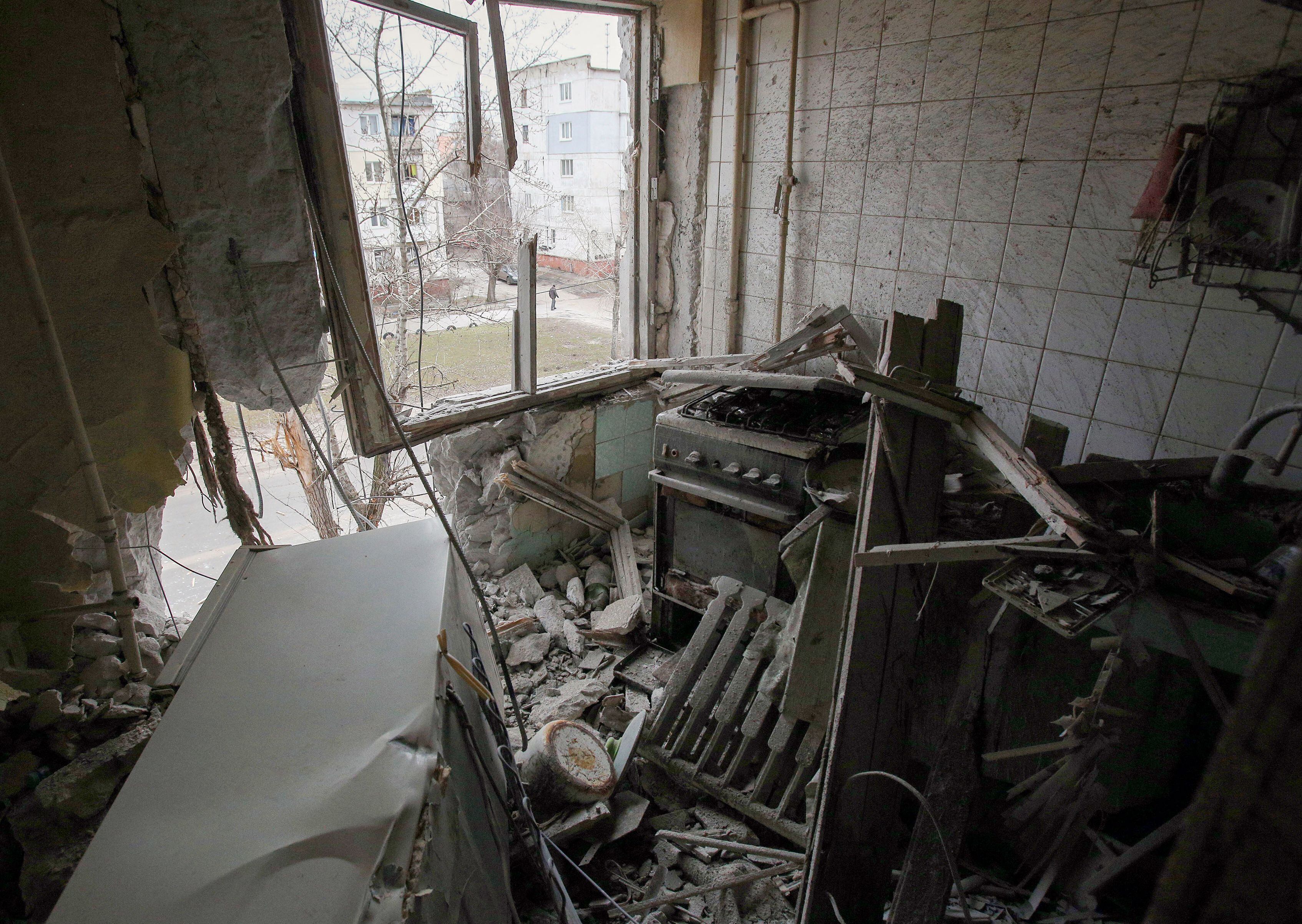 This photograph shows a view of a flat destroyed during the heavy shelling by Russian forces in Sievierodonetsk, Lugansk Oblast, on February 28, 2022. (Photo by ANATOLII STEPANOV/AFP via Getty Images)