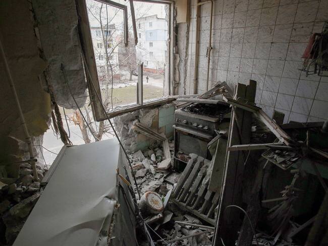 This photograph shows a view of a flat destroyed during the heavy shelling by Russian forces in Sievierodonetsk, Lugansk Oblast, on February 28, 2022. (Photo by ANATOLII STEPANOV/AFP via Getty Images)