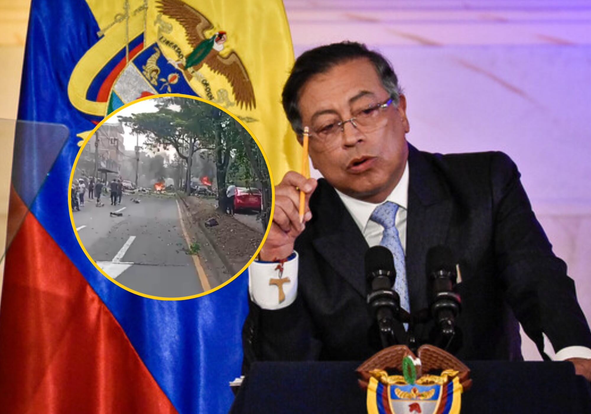 Atentado en Cali y presidente Gustavo Petro. Fotos: Captura de pantalla / (Colprensa - Cristian Bayona)