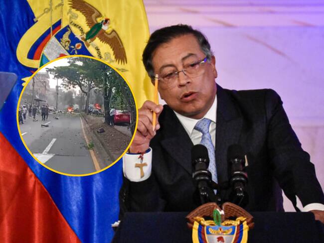 Atentado en Cali y presidente Gustavo Petro. Fotos: Captura de pantalla / (Colprensa - Cristian Bayona)