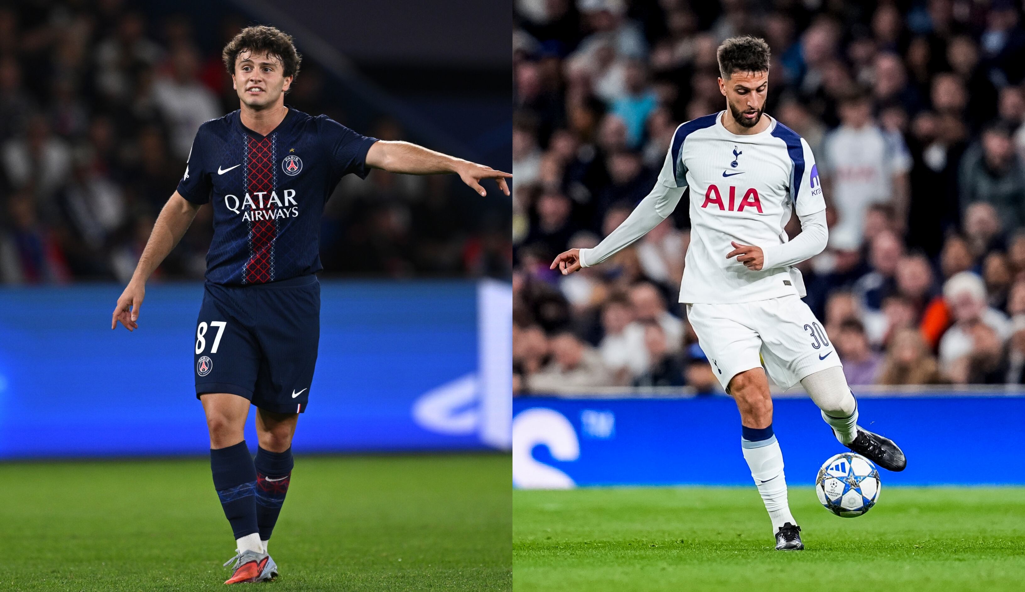 Joao Neves de PSG. FOTO: Image Photo Agency/Getty Images. // Rodrigo Bentancur de Tottenham. FOTO: Dennis Agyeman / Europa Press via Getty Images
