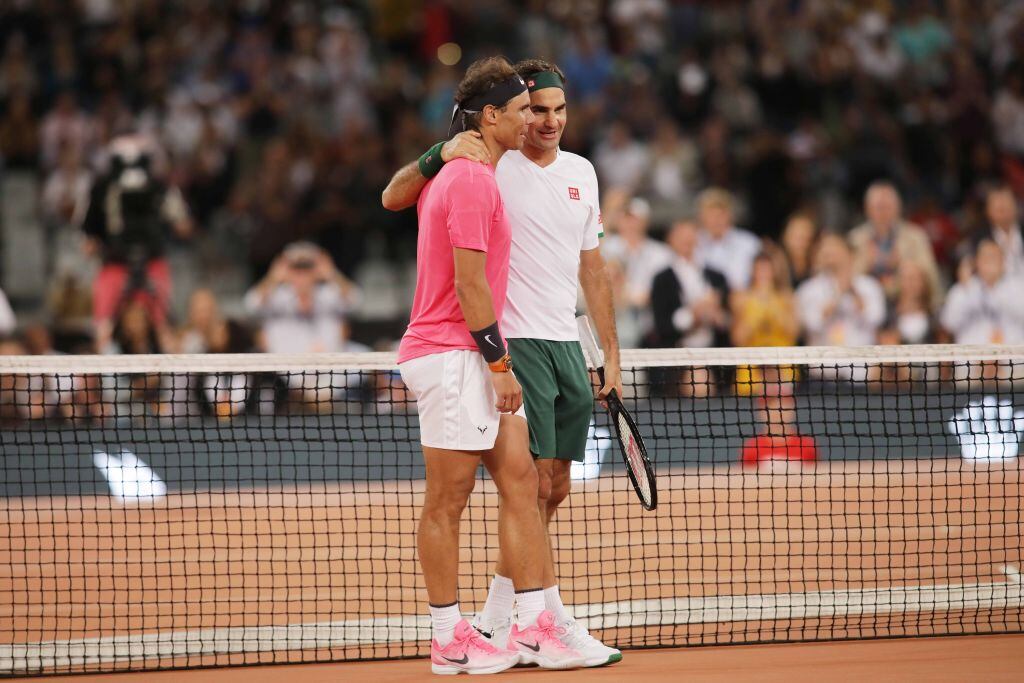 CAPE TOWN, SOUTH AFRICA - FEBRUARY 8 : Roger Federer (R) of Switzerland and Rafael Nadal (L) of Spain play a tennis match. (Photo by Stringer/Anadolu Agency via Getty Images)
