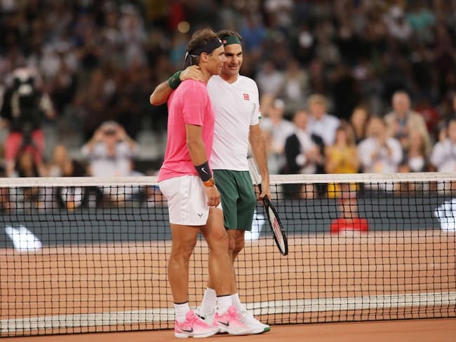 CAPE TOWN, SOUTH AFRICA - FEBRUARY 8 : Roger Federer (R) of Switzerland and Rafael Nadal (L) of Spain play a tennis match. (Photo by Stringer/Anadolu Agency via Getty Images)