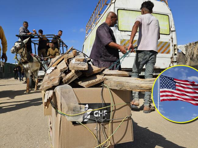 Referencia de ayuda humanitaria en Gaza y bandera de Estados Unidos. Foto: Hani Alshaer/Anadolu / Royce Bair vía Getty Images.