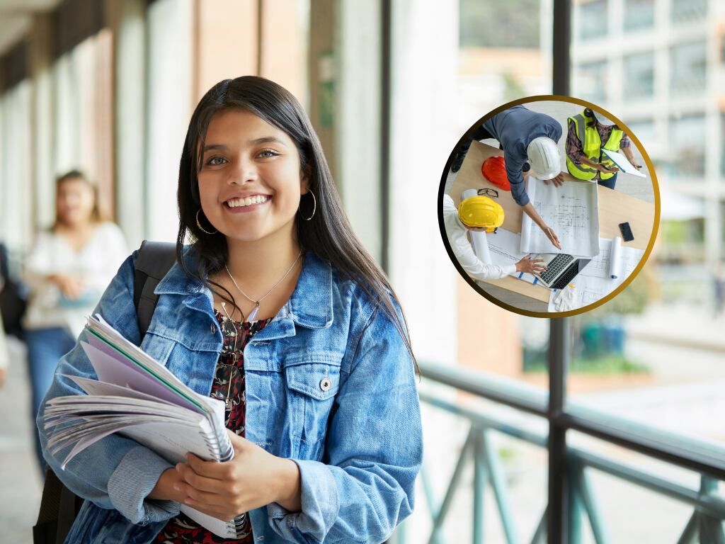 Estudiante universitaria y de fondo un grupo de arquitectos revisando planos (Fotos vía Getty Images)