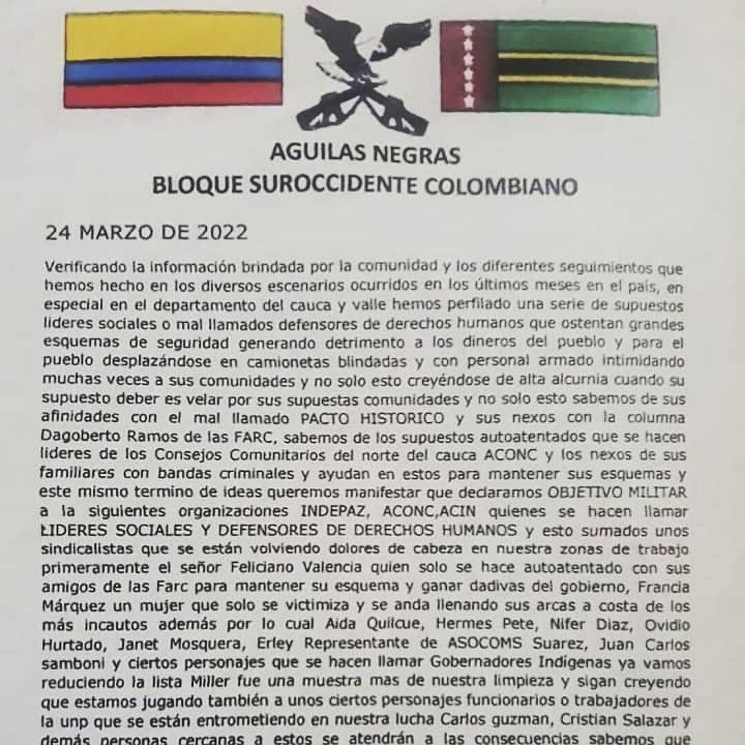 En menos de 15 días han circulado más de siete panfletos en su mayoría firmados por las Águilas Negras. Crédito: Cric.