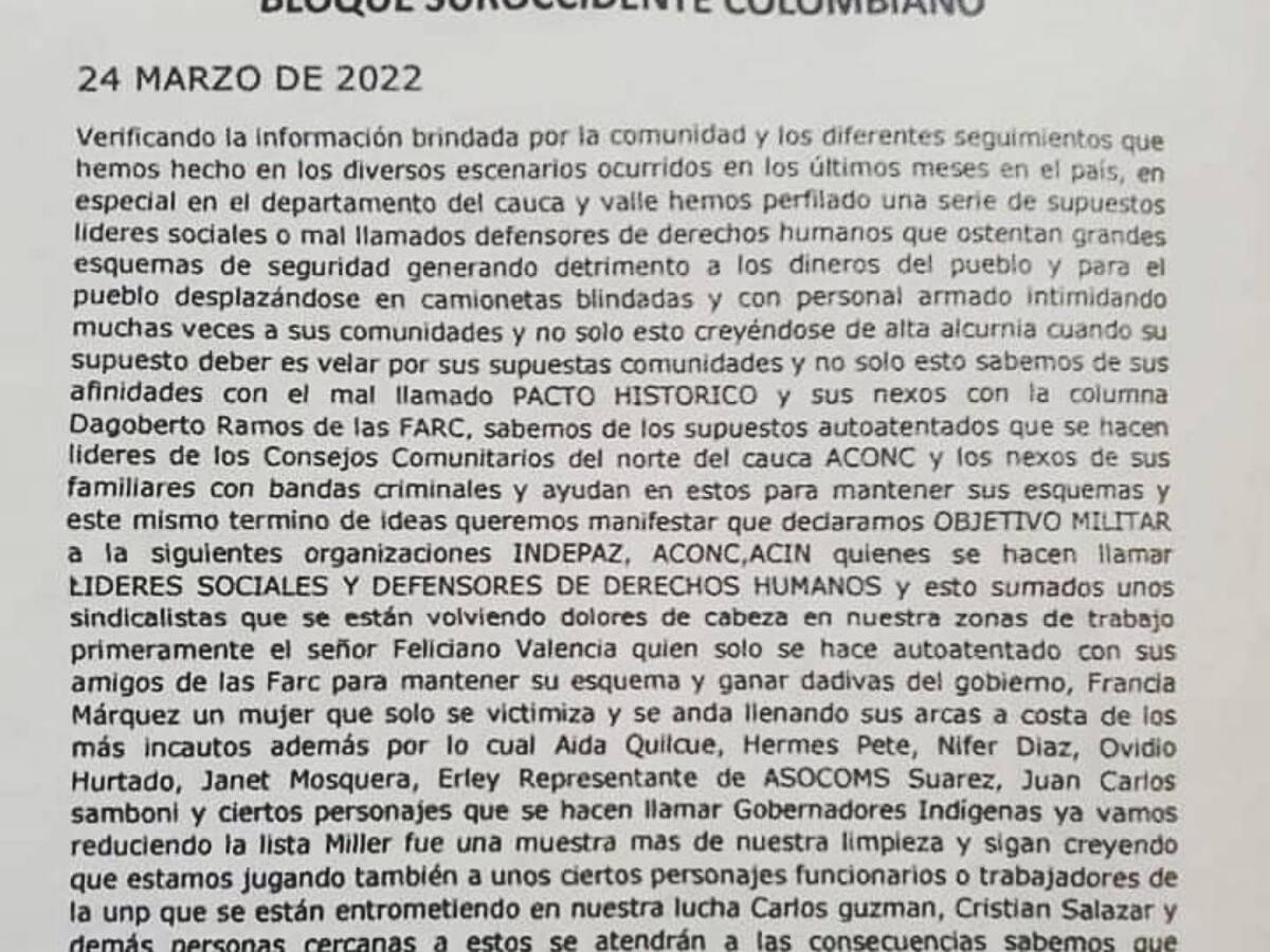 Comunidades indígenas están en alerta por el incremento de panfletos amenazantes