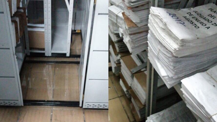 En los juzgados ubicados en la carrera 10 con calle 11 en Bogotá, los expedientes y archivos se mojaron tras las fuertes lluvias. Foto: Laura Palomino