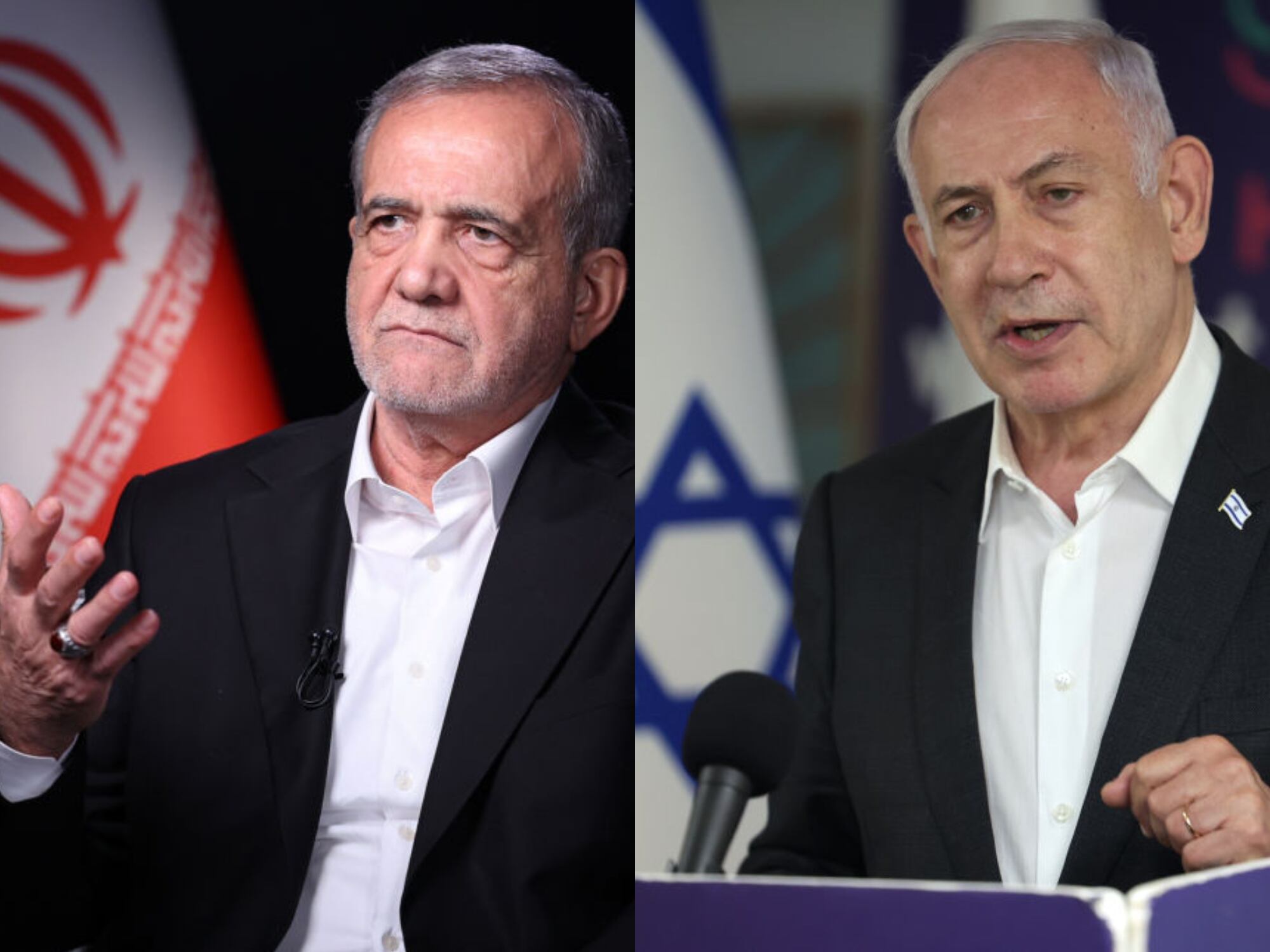 Presidente de Irán, Masud Pezeshkian y primer ministro israelí, Benjamín Netanyahu. I Fotos. Getty Images.
