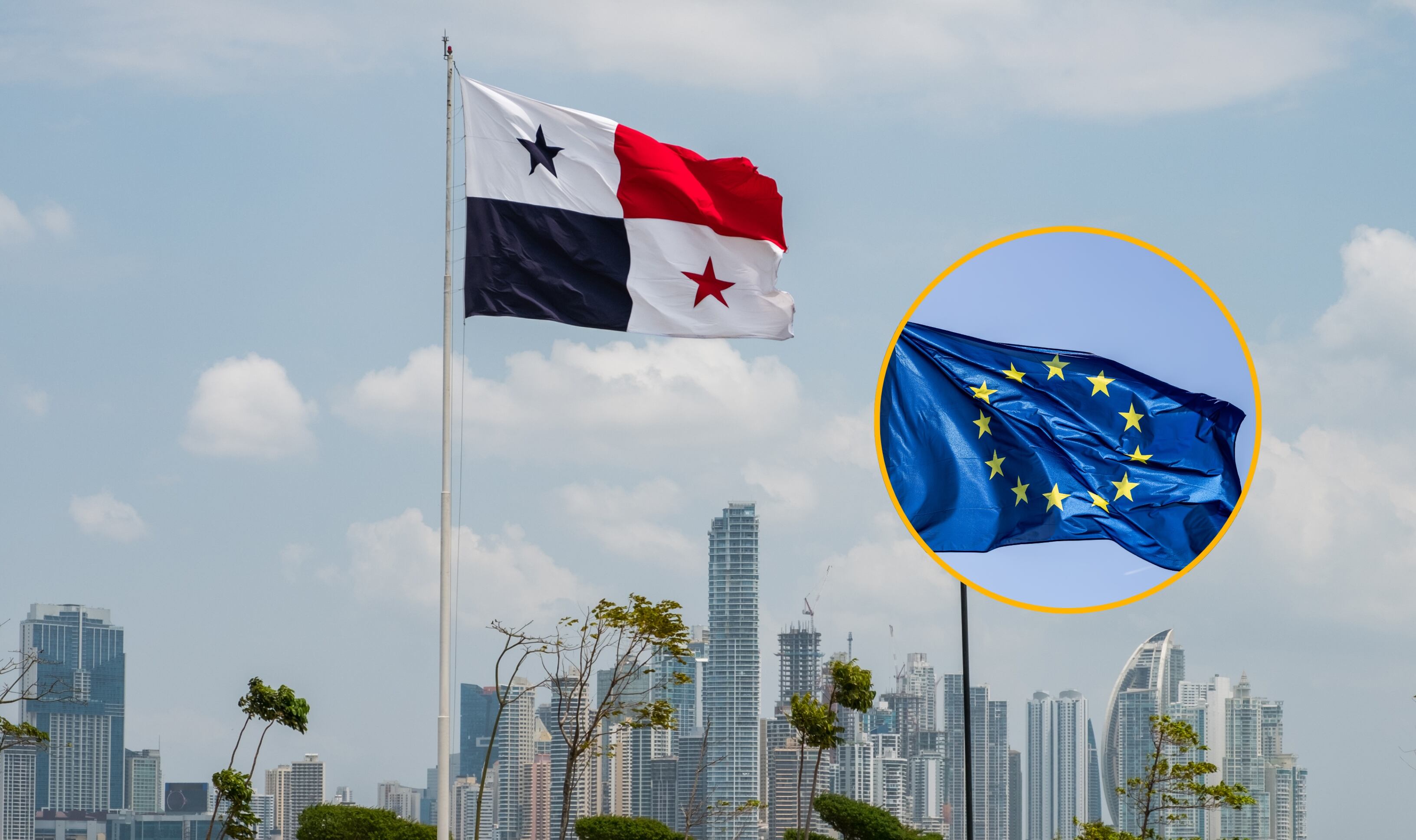 Banderas de Panamá y UE. Foto: hanohiki/fhm vía Getty Images. 
