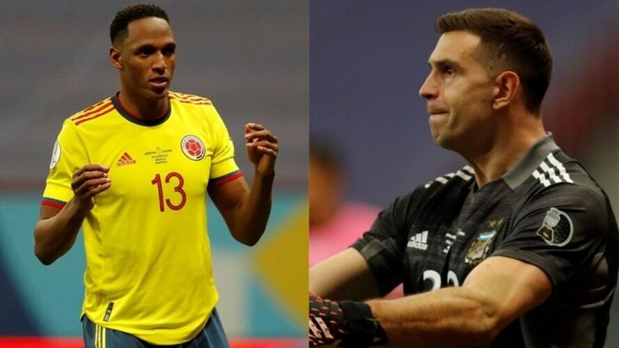 Emiliano 'Dibu' Martínez protagonizó un polémico diálogo en el punto penal hacia Yerry Mina. Foto: Agencia EFE