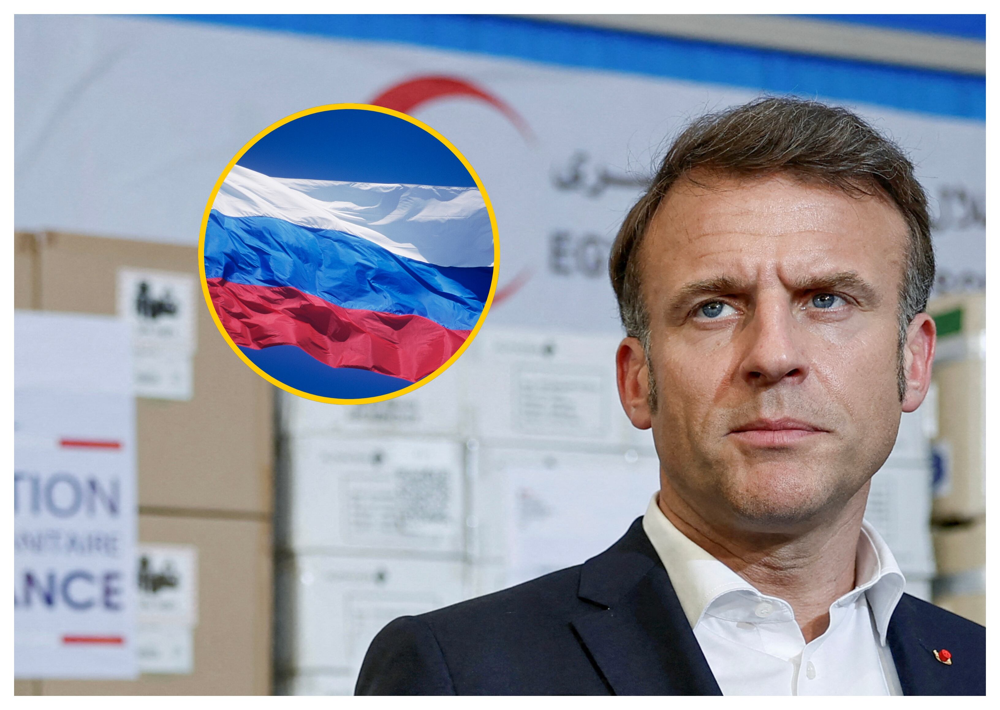 Emmanuel Macron y bandera de Rusia. Foto: Connect Images y BENOIT TESSIER/POOL/AFP via Getty Images.