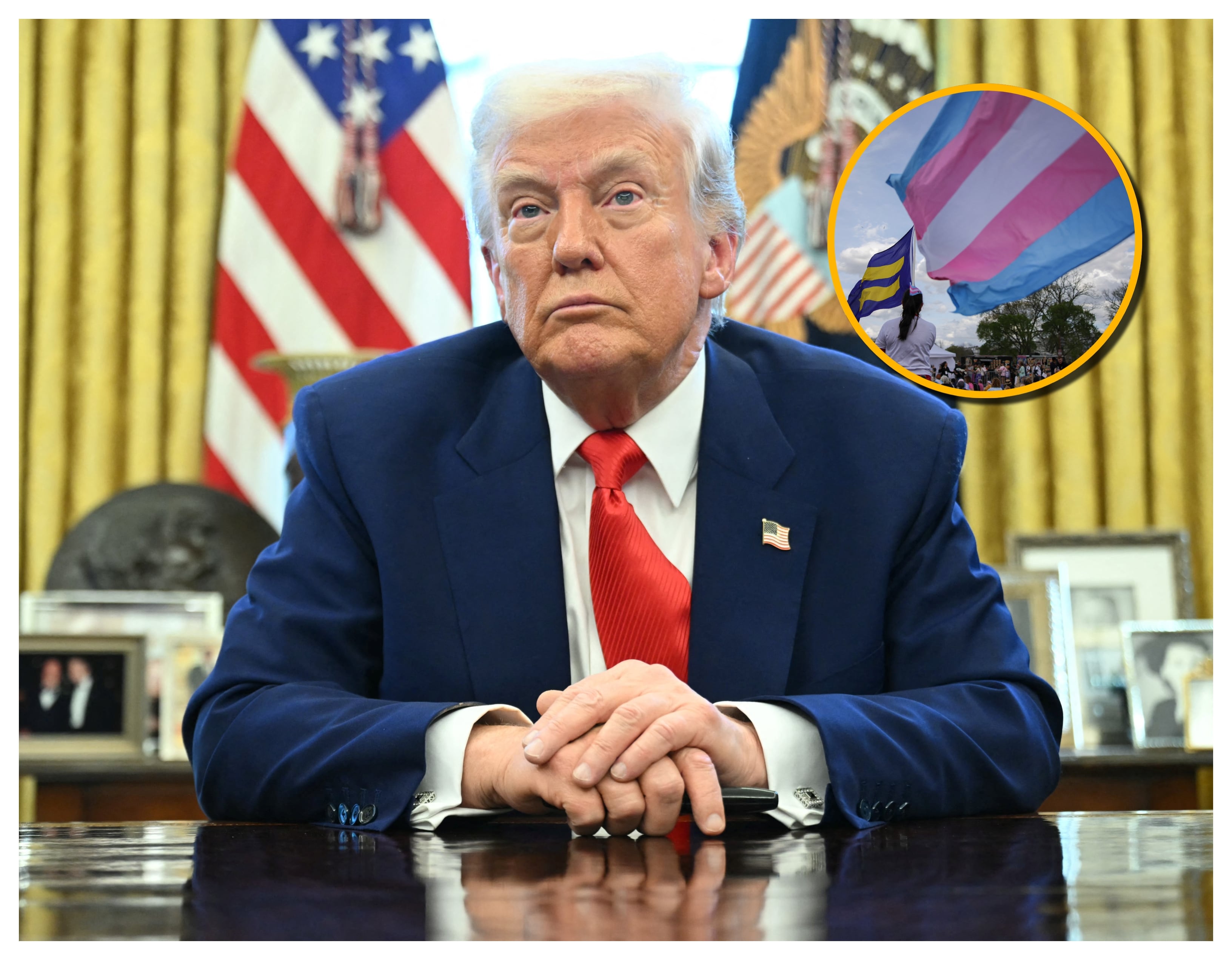 Donald Trumps y referencia de protesta por los derechos de las personas trans. Foto: SAUL LOEB y BRYAN DOZIER/Middle East Images/ AFP via Getty Images