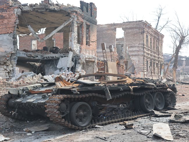 MARIUPOL, UKRAINE - APRIL 09: A view of a destroyed armored vehicle during ongoing conflicts in the city of Mariupol under the control of the Russian military and pro-Russian separatists, on April 09, 2022. (Photo by Leon Klein/Anadolu Agency via Getty Images)