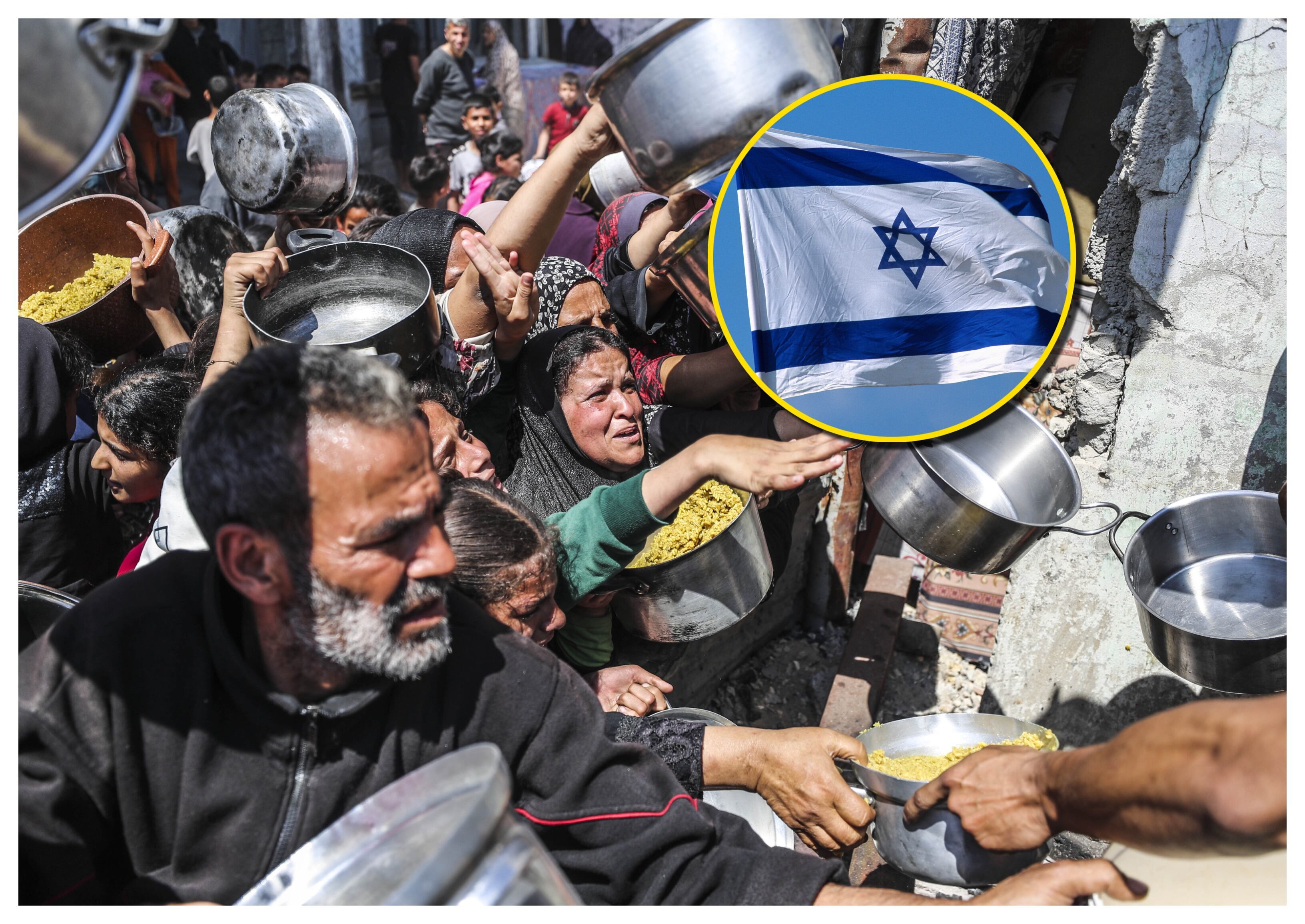 Guerra de hambre y bandera de Isarel. Foto: Mahmoud Issa/Anadolu/ Atlantide Phototravel via Getty Images.