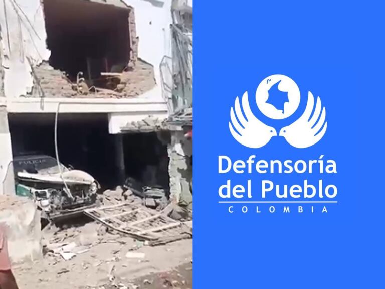 Logo de la Defensoría del Pueblo y al laso un pantallazo de uno de los daños perpetrados en el Cauca en las últimas horas