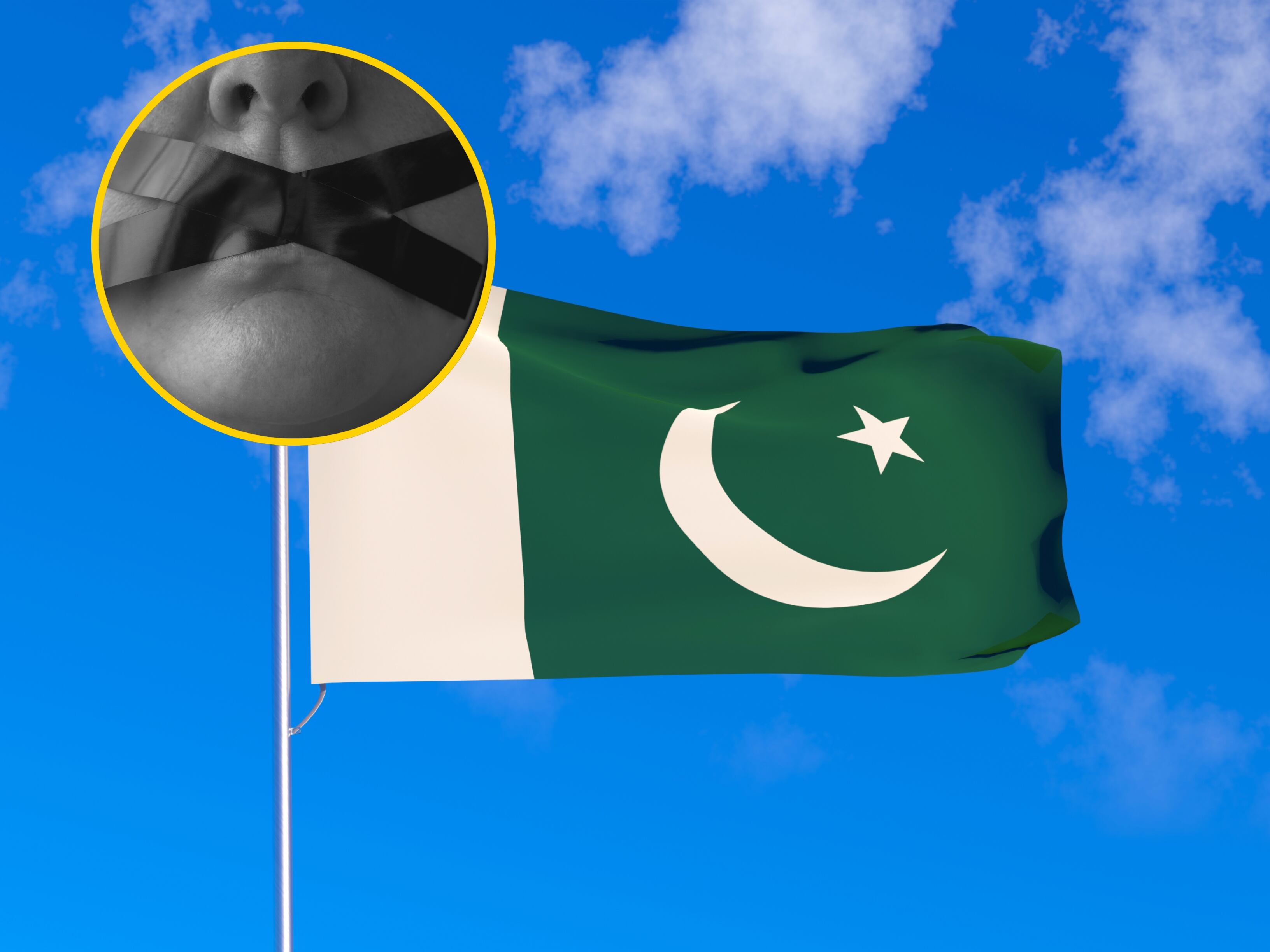 Bandera de Pakistán y referencia de censura. Foto: Wong Yu Liang y José María Serrano vía Getty Images. 