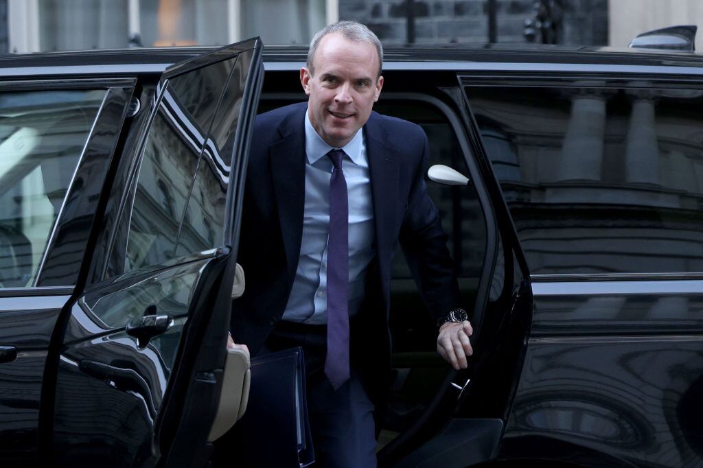LONDON, ENGLAND - FEBRUARY 07: British Justice Secretary and Deputy Prime Minister Dominic Raab arrives to attend the weekly meeting at Number 10 in Downing Street on February 7, 2023 in London, England. The Prime Minister held a mini reshuffle of his Cabinet this morning, appointing Greg Hands as party chairman. Grant Shapps, Michelle Donelan, Kemi Badenoch and Lucy Frazer have been given new ministerial positions. Sunak also created four new government departments including a new Department for Energy Security and Net Zero headed by Grant Shapps. (Photo by Dan Kitwood/Getty Images)