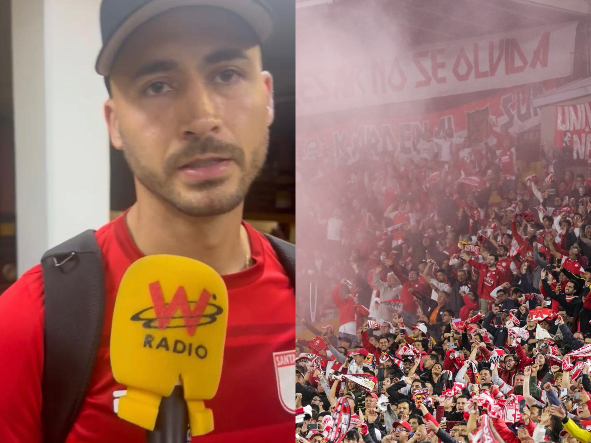 Juan Pablo Zuluaga, jugador de Santa Fe e hinchada de Santa Fe. Fotos: W Radio y Colprensa.