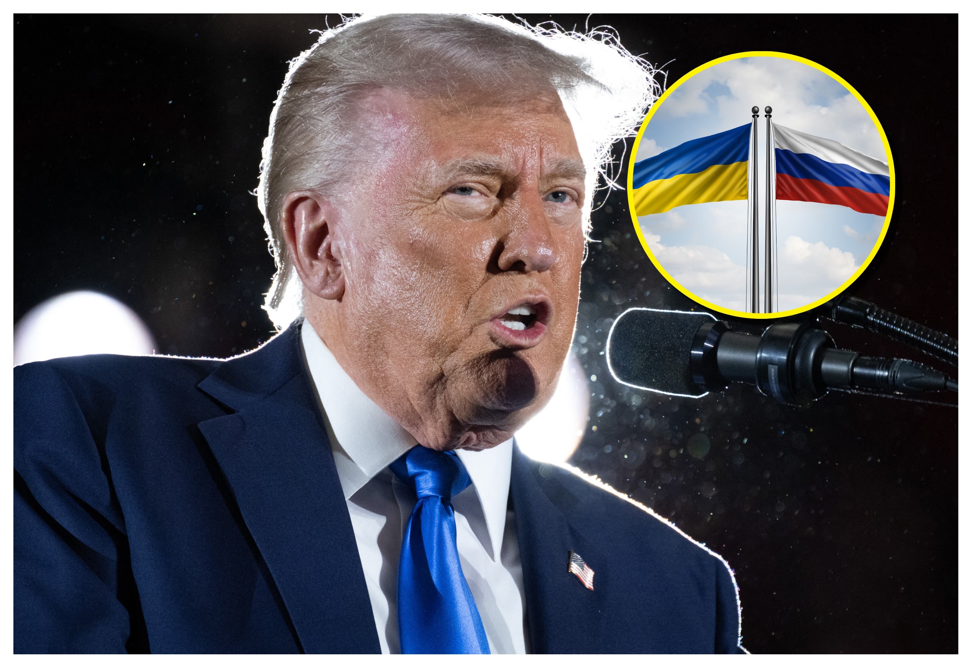 Trump y banderas de Rusia y Ucrania. Foto: SAUL LOEB/AFP/ wildpixel via Getty Images.