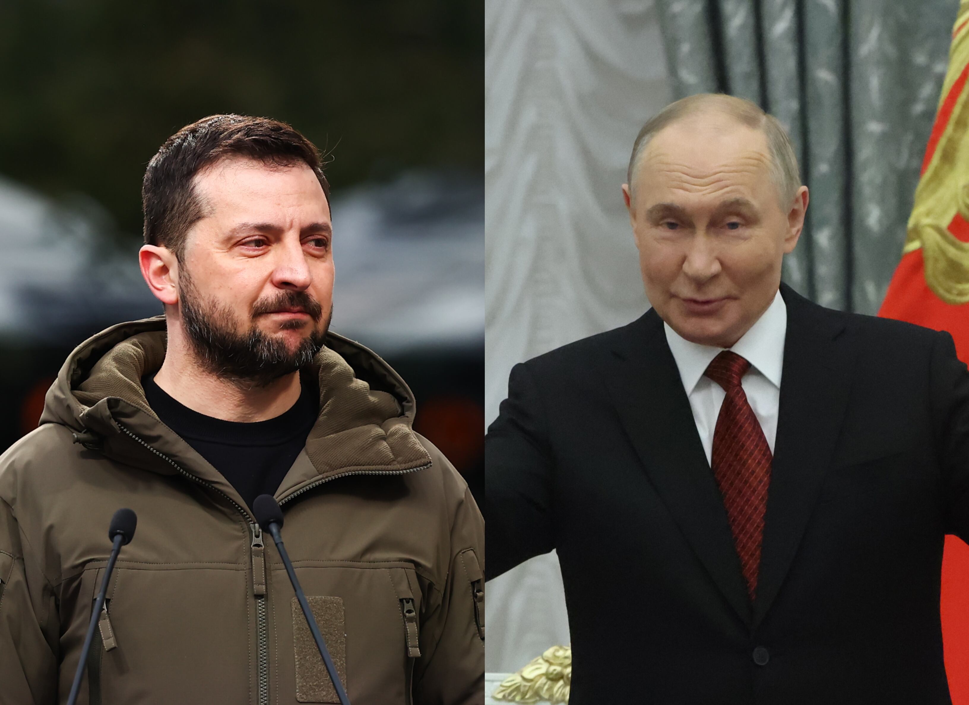 Volodímir Zelenski. FOTO:  Jakub Porzycki/NurPhoto via Getty Images. // Vladímir Putin. FOTO:  Contributor/Getty Images