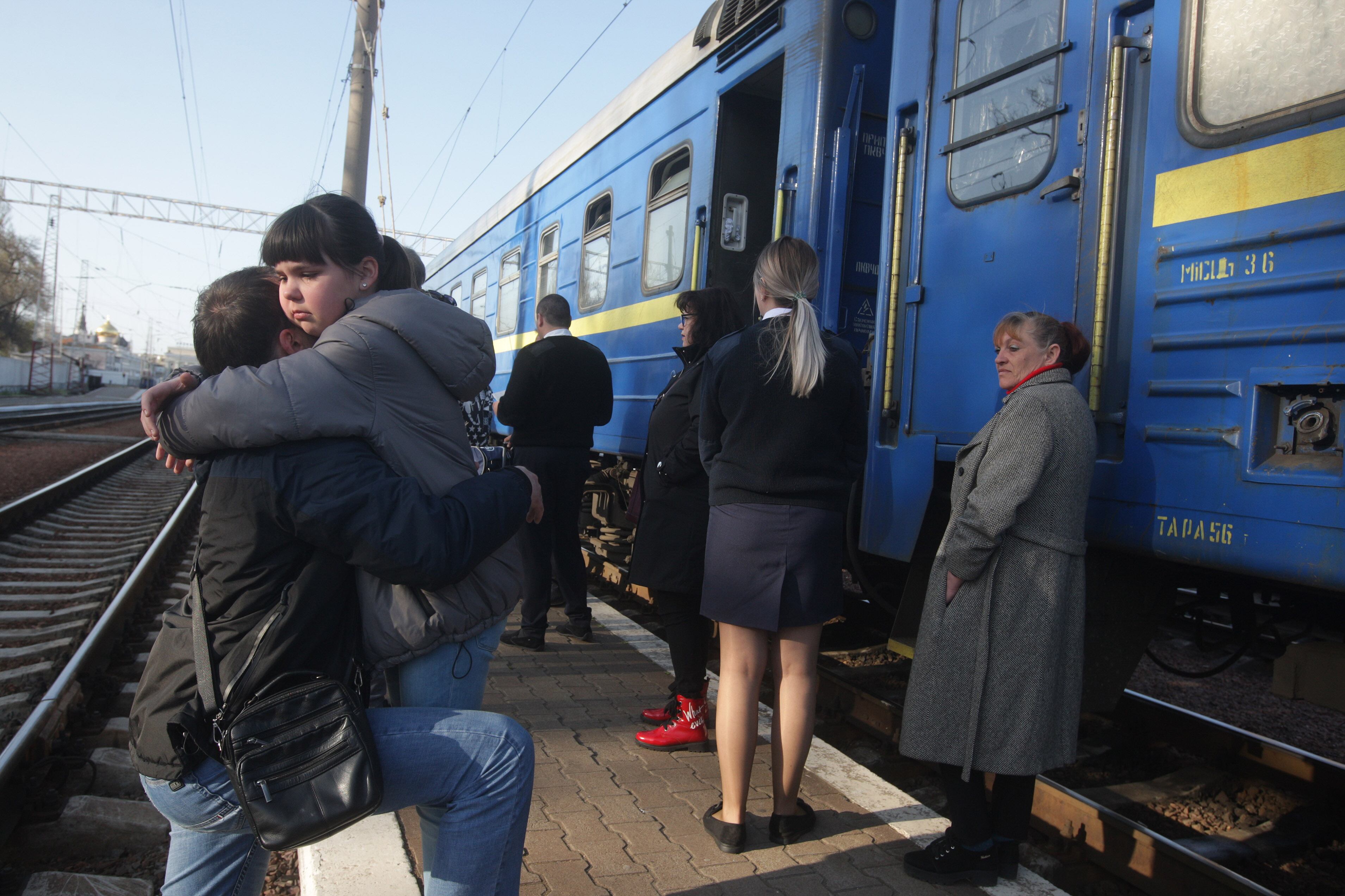 Ukrainians refugees board the train to Przemysl (Poland), amid Russian invasion of Ukraine, in Odesa, Ukraine 25 April 2022. (Photo by STR/NurPhoto via Getty Images)