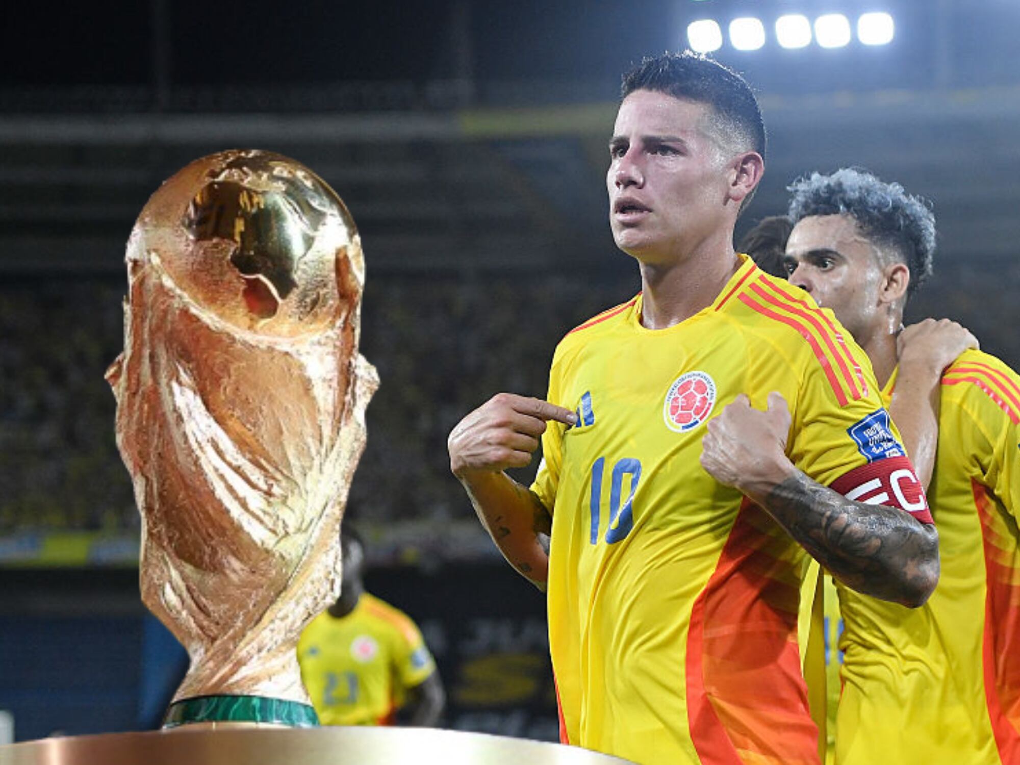 Copa del Mundo y James Rodríguez. Fotos: (Photo by Emilee Chinn - FIFA/FIFA via Getty Images) ( (Photo by Gabriel Aponte/Getty Images)